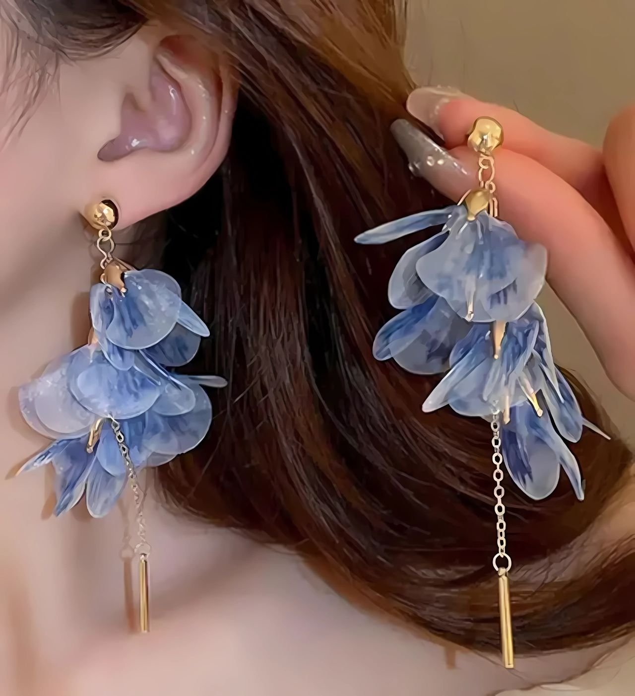 blue flower drop earrings for women long statement party wear