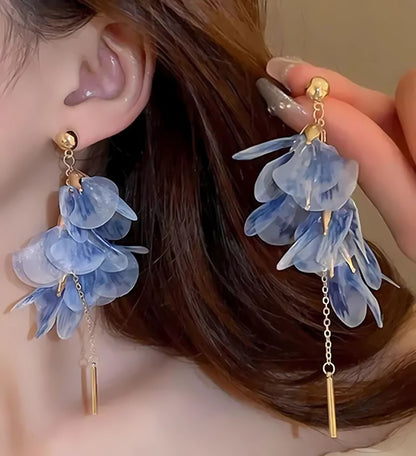 blue flower drop earrings for women long statement party wear