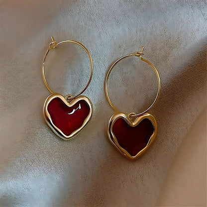 dark red heart drop hoop earrings for women