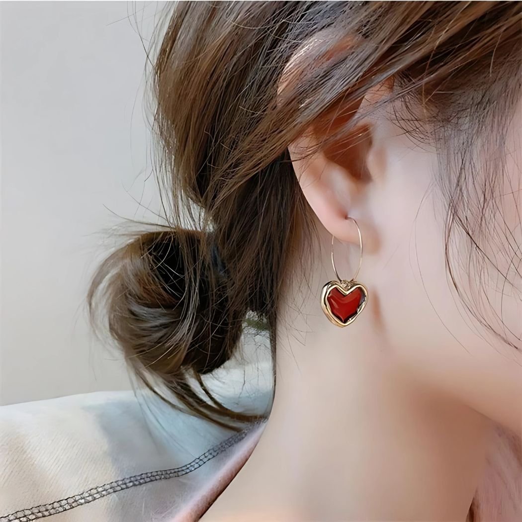 dark red heart drop hoop earrings for women