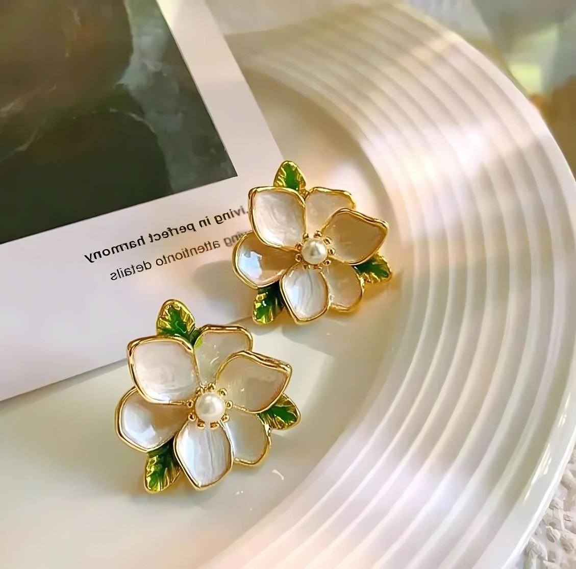 enamel camellia flower stud earrings