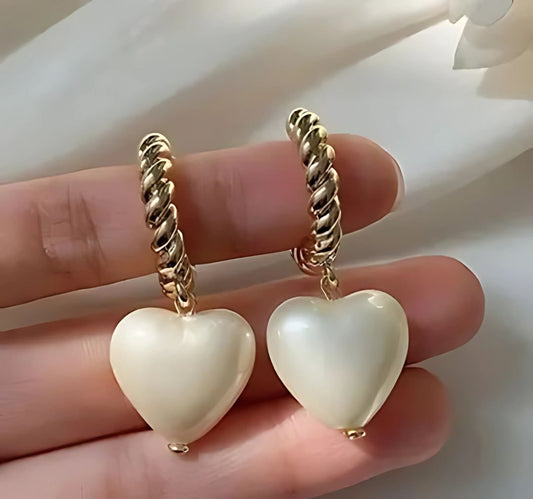 gold hoop heart pearl drop earrings for women