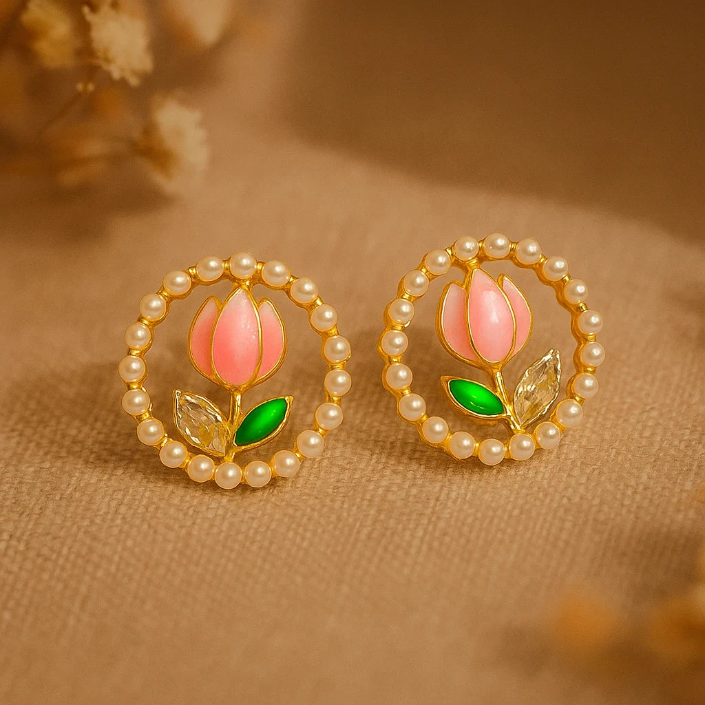 Gold tulip pearl round stud earrings for women floral stylish jewellery