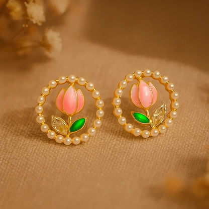 Gold tulip pearl round stud earrings for women floral stylish jewellery