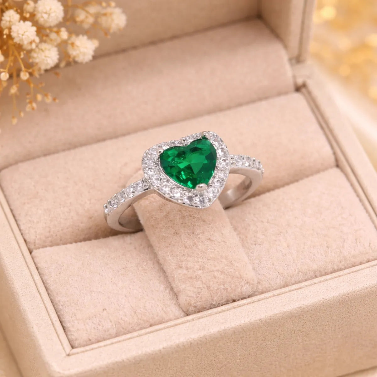 green emerald heart crystal ring for women