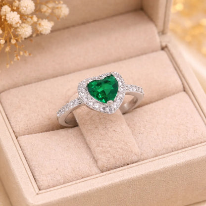 green emerald heart crystal ring for women