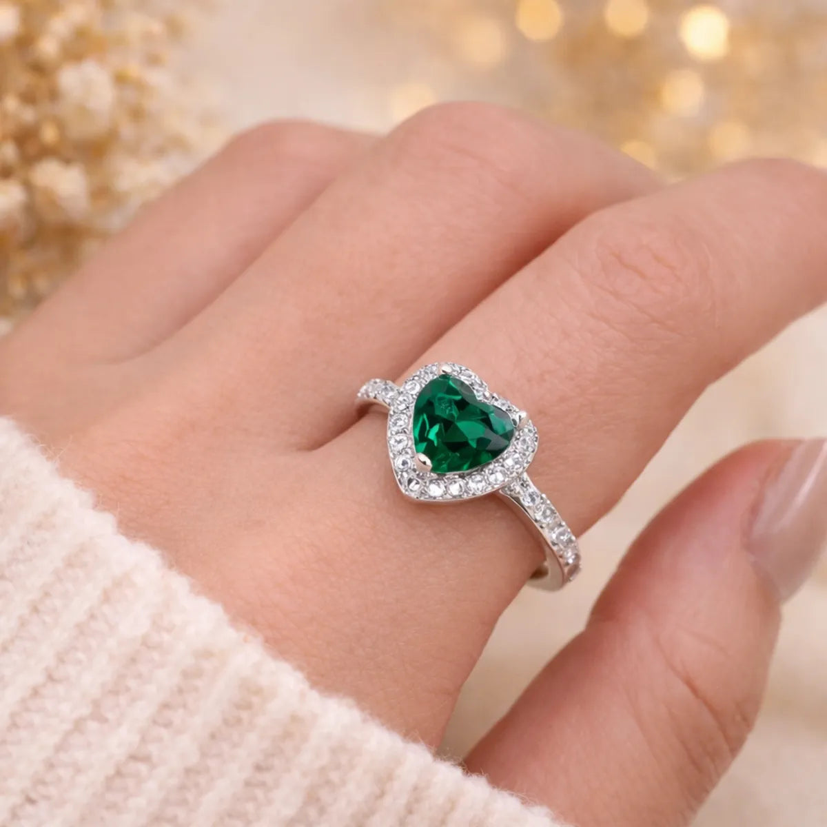 green emerald heart crystal ring