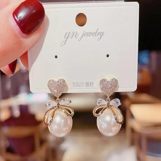 heart bow pearl drop earrings for women elegant lightweight floral design jewelry