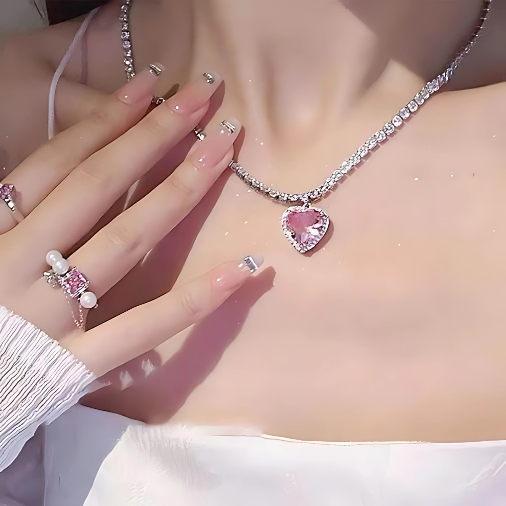 pink heart stone choker necklace for women