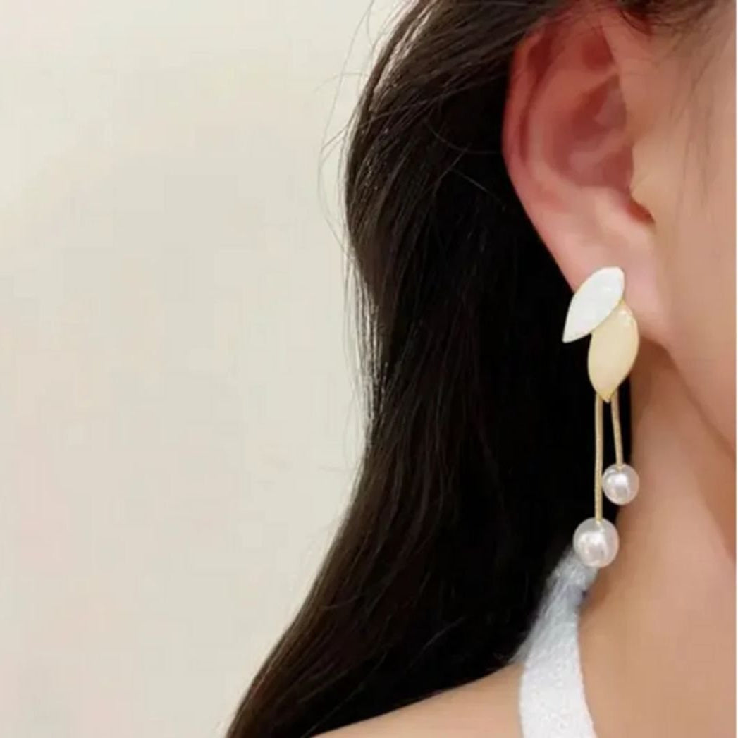 korean pearl leaf tassel earrings for women elegant drop design