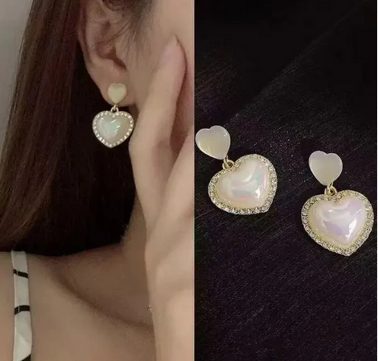 pearl heart earrings worn by woman stylish lightweight jewelry