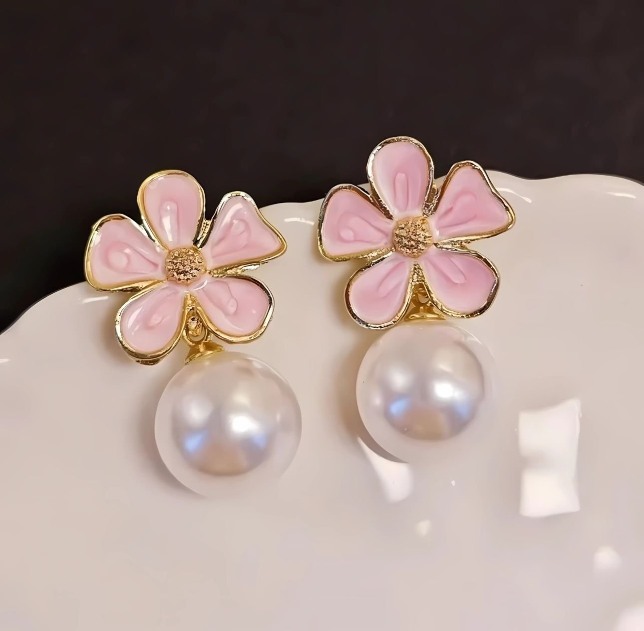 Pink Enamel Flower Pearl Drop Earrings