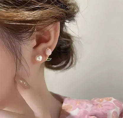 pink tulip pearl stud earrings for women cute floral