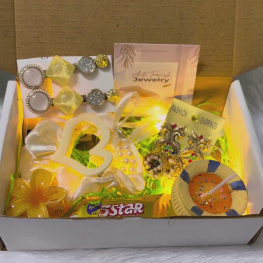 Diwali Premium Gift Box | Ethnic Golden Earrings, Matka Candle & Hair Accessories