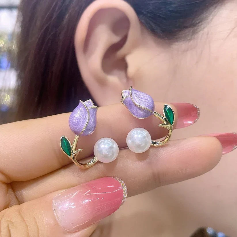 purple rose tulip earrings for women floral pearl stud earrings lightweight jewelry