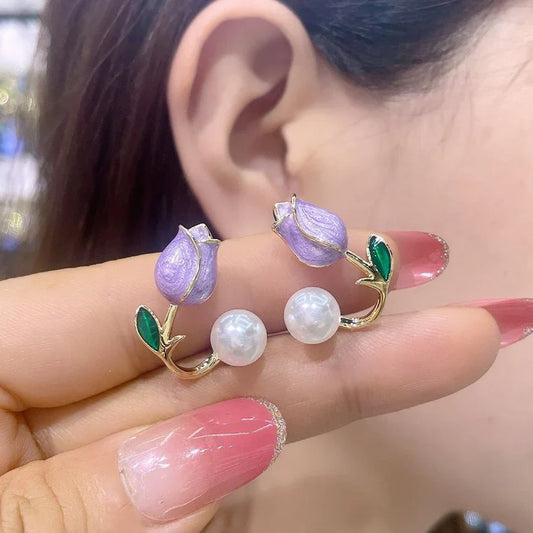 purple rose tulip earrings for women floral pearl stud earrings lightweight jewelry