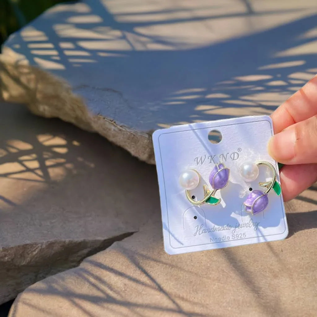 purple rose tulip earrings for women floral pearl stud earrings