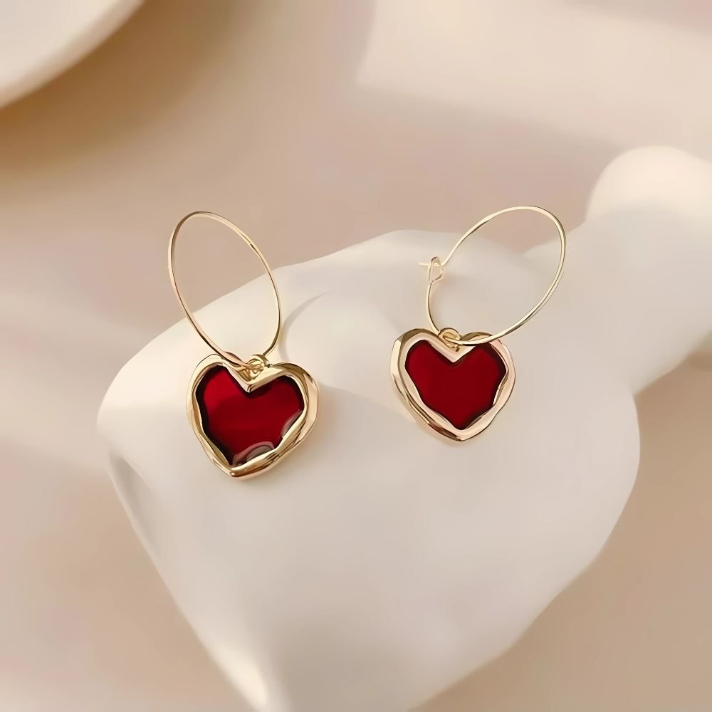 dark red heart drop hoop earrings for women