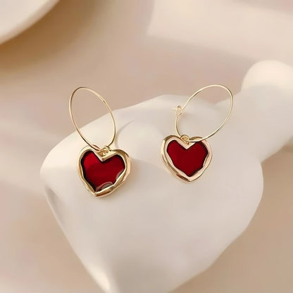 dark red heart drop hoop earrings for women