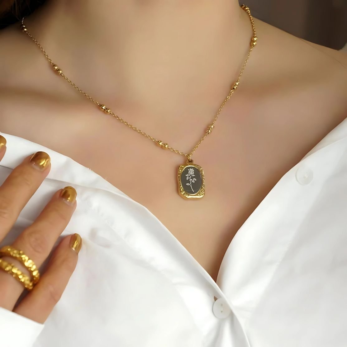 rose beads mirror pendant necklace for women