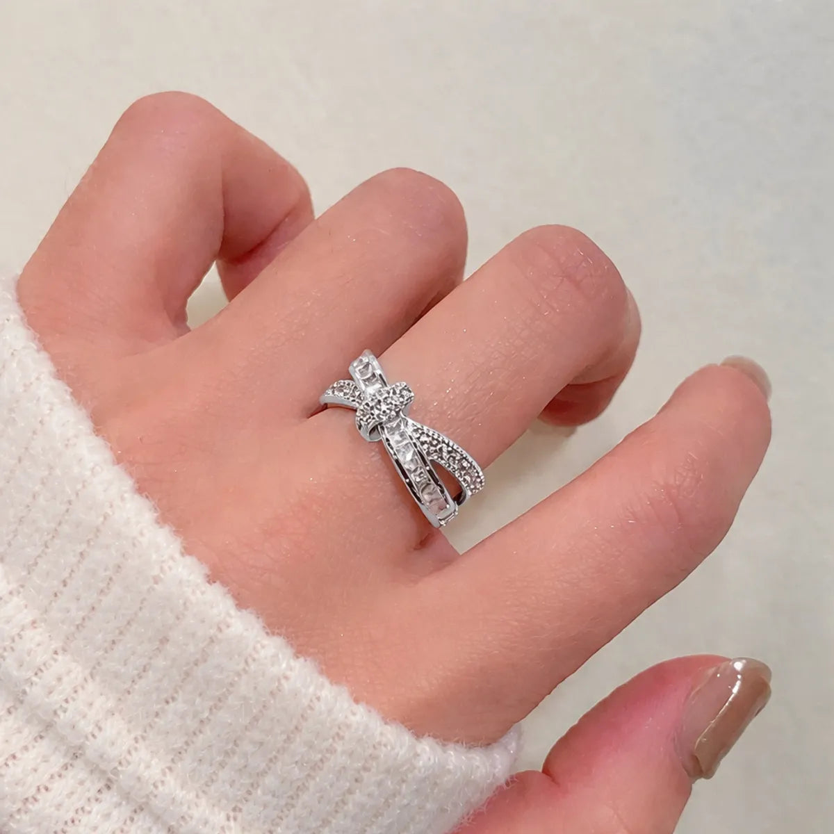 silver cross bow ring for women adjustable crystal fashion ring