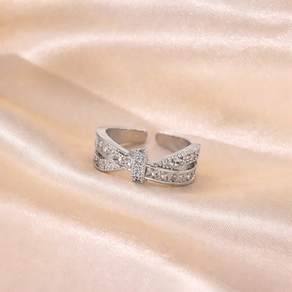 silver cross bow ring for women adjustable crystal fashion ring