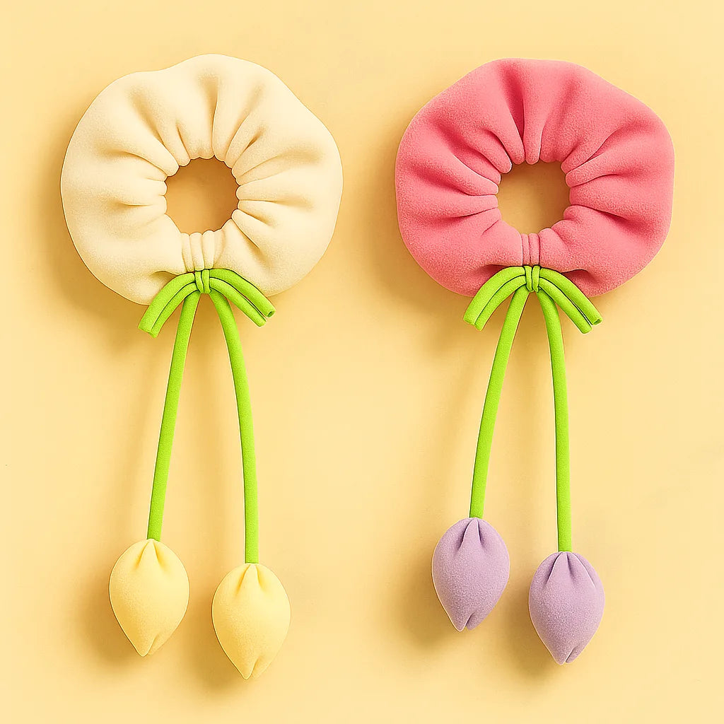 Velvet tulip scrunchies with tassels for women cute hair accessories