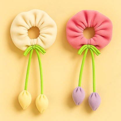 Velvet tulip scrunchies with tassels for women cute hair accessories