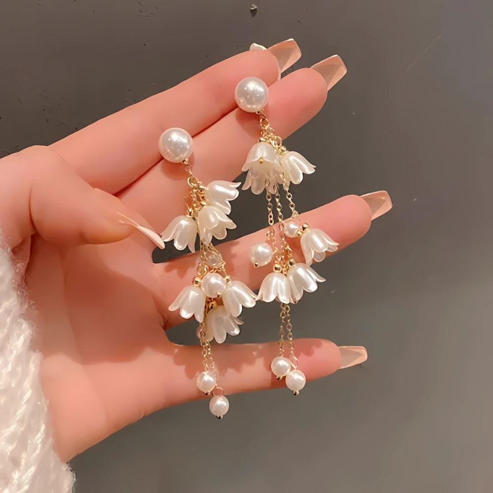 white flower pearl drop earrings for women