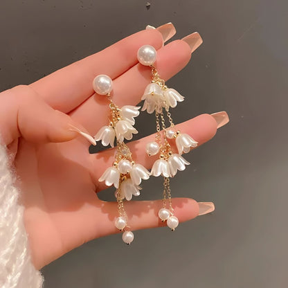 white flower pearl drop earrings for women