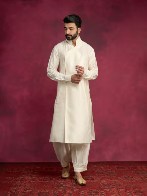 Overlap Asymmetrical Kurta Paired with Pathani Pants-Cream