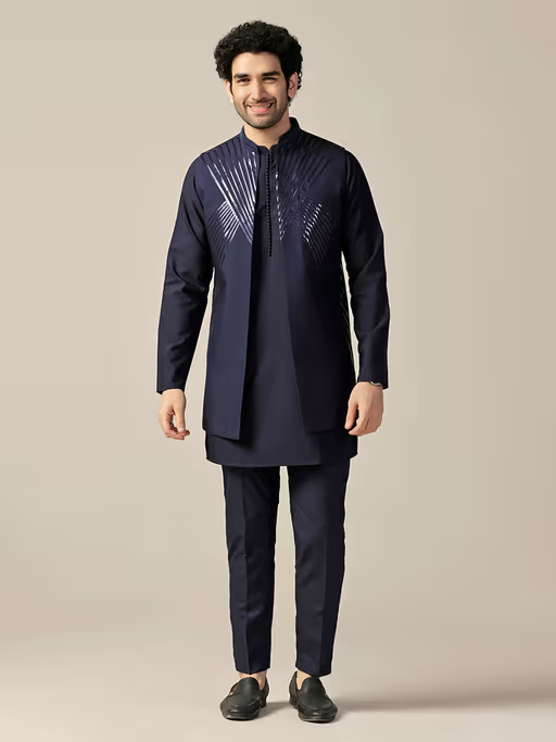 Men Purple Kurta and Jacket with Pant