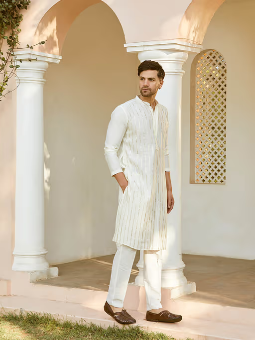 Men Off White and Gold Chanderi Silk Sequins Kurta with Pyjama