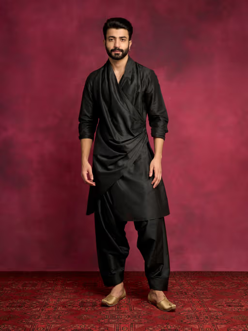 Cowl-Draped Asymmetrical Kurta Paired with Salwar Pants