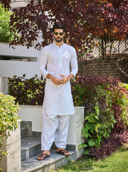 Men White Chikankari Embroidered Straight Kurta Men's Ethnic Wear