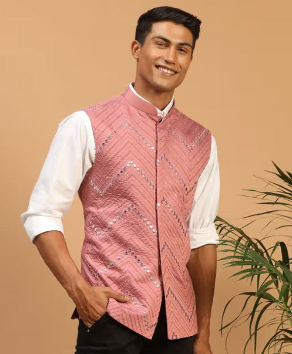 Men's Onion Mirror Work Nehru Jacket