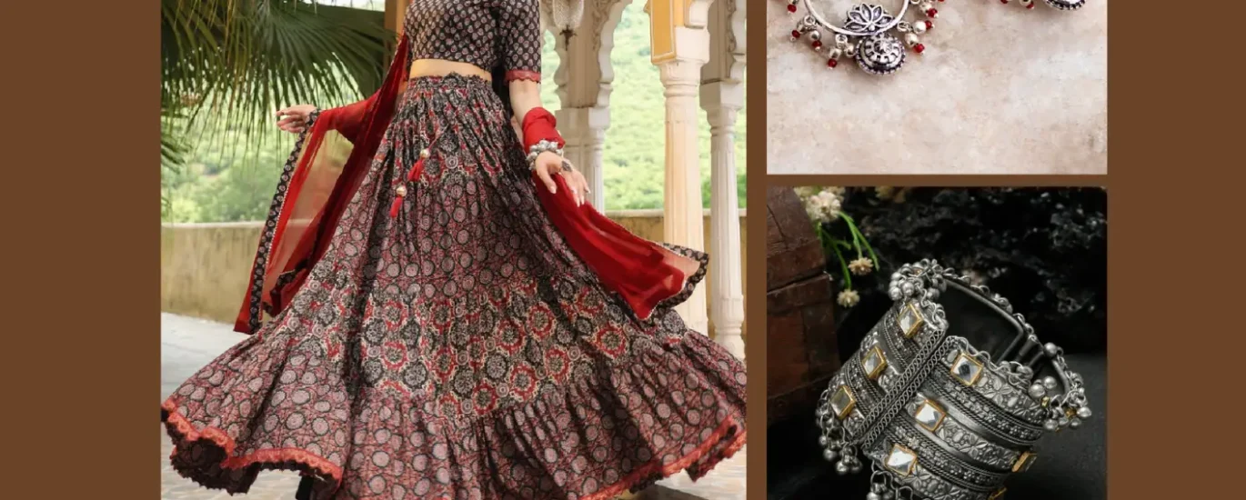 Black and red printed stitched lehenga