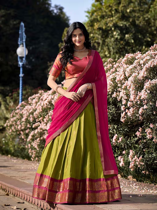 Green Kanchipuram Silk Lehenga, Blouse, and Dupatta