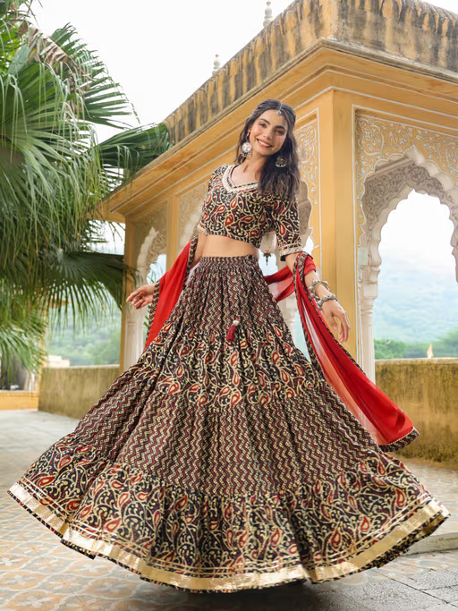 Black Paisley Printed Tiered Lehenga with Choli Dupatta