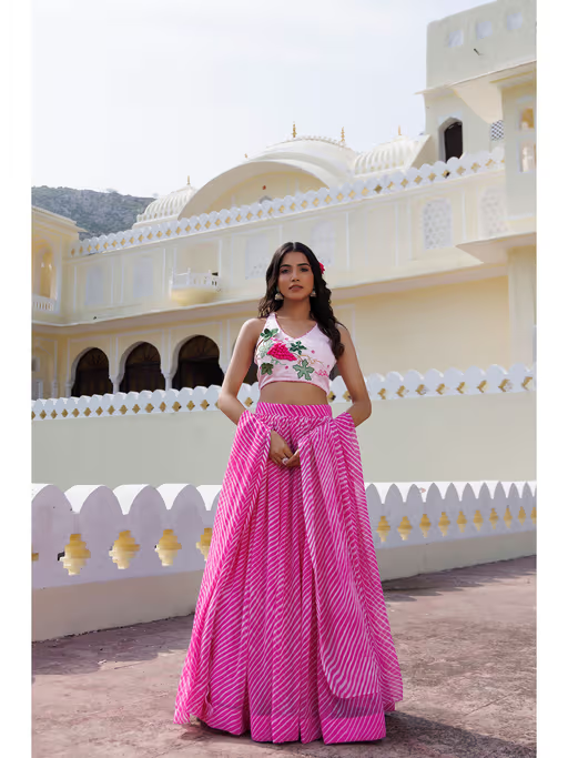 Pink Drape Leheriya Blouse with Lehenga, Dupatta