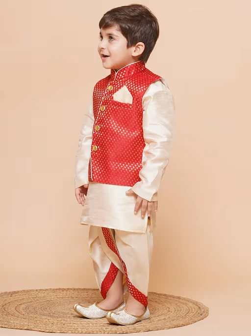 Self Design Raw Silk Dhoti Kurta for Boys with Waistcoat Red