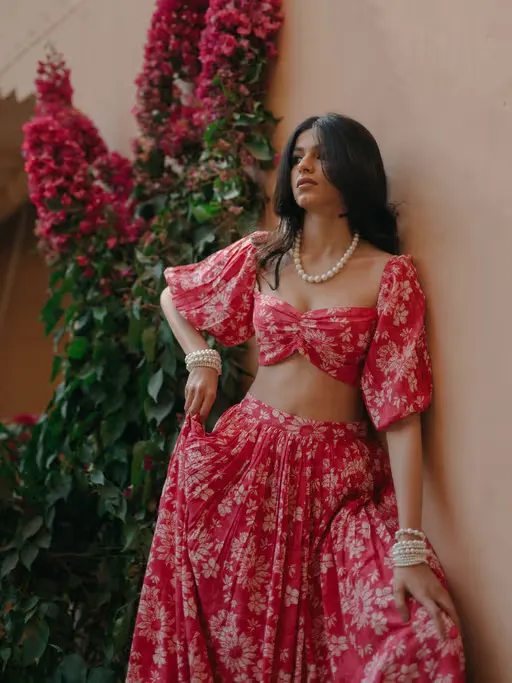 Pink Modal Printed Lehnga with Organza Dupatta
