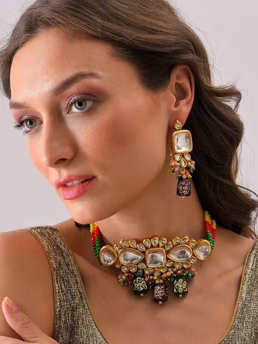Gold Plated Kundan Beaded Necklace and Earring Set