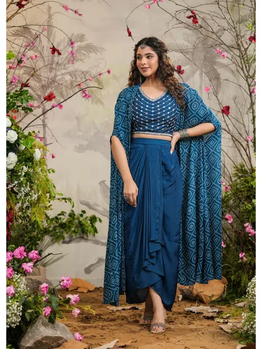 Teal Bandhej Draped Skirt with Cape & Blouse