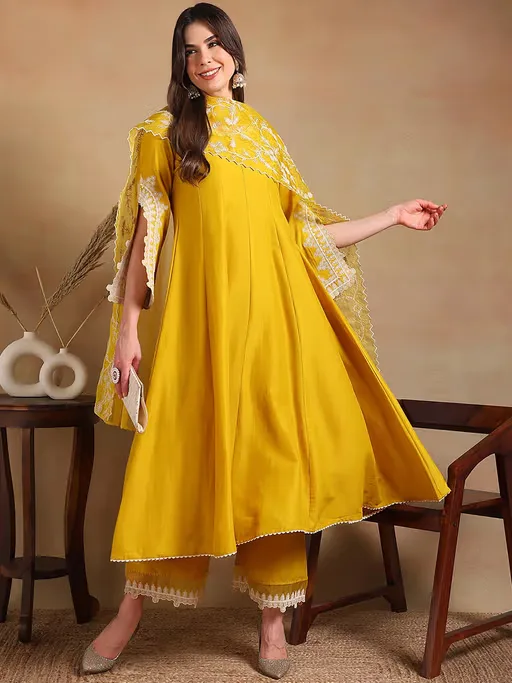 Women's Yellow Silk Blend Embroidered Flared Kurta