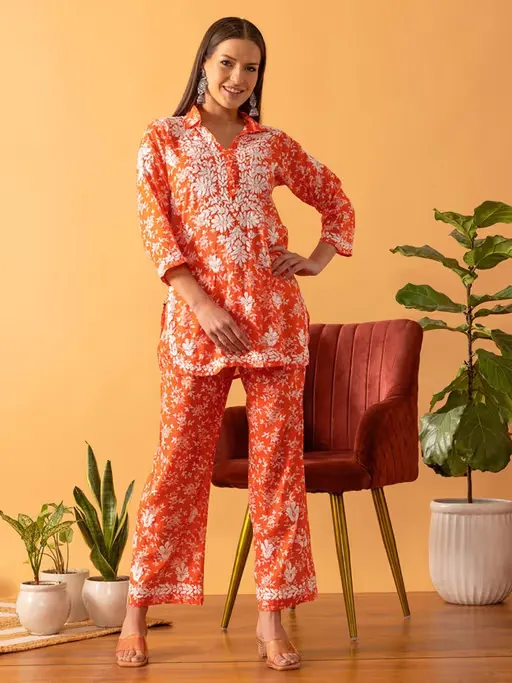Hand Embroidered Lucknowi Chikankari Floral Orange Co-Ord