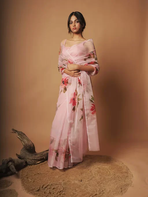 Blush Pink Floral Hand Painted Organza Saree