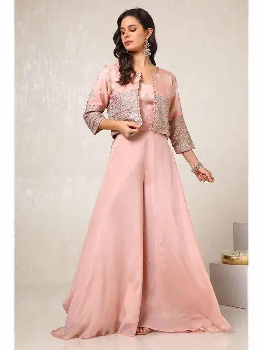 Women Embroidered Pink Crop Top and Jacket and Palazzo