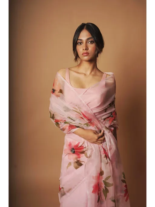 Blush Pink Floral Organza Saree