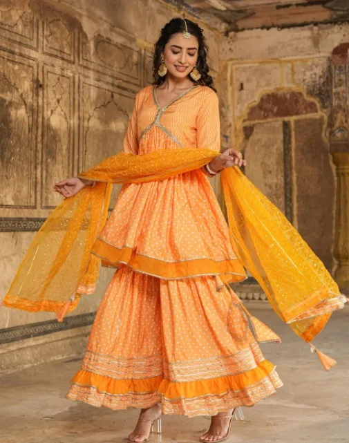 Bandhani Printed Chanderi Silk Kurti With Sharara & Dupatta